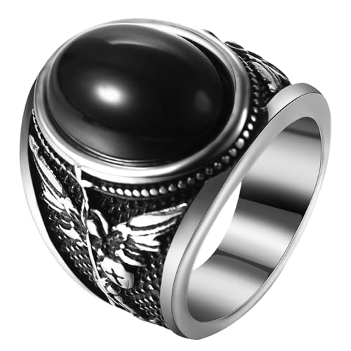 OIDEA Signet Rings for Men: St Michael The Great Protector Archangel Defeating Satan Figurine Amulet Ring Biker Rings - color: Black Tiger Eye