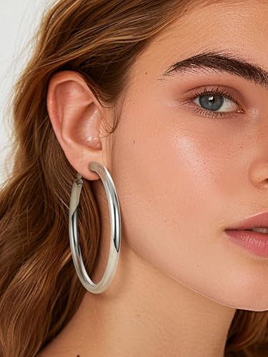 PROSTEEL Chunky Hoop Earrings for Women 14K Gold Plated/Black/Silver | 20/30/40/50/60/70/80mm Stainless Steel Thick Big Round Hoop with Waterproof and Non Tarnish Trendy Jewelry with Gift Box - color: 1. Silver, size: 70MM