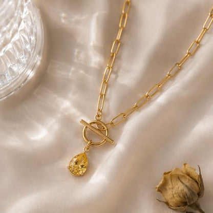 Teardrop CZ Pendant Paperclip Chain Necklace 18K Plated Paperclip Toggle Necklace Jewelry Birthstone Gift for Women - color: Citrine-November