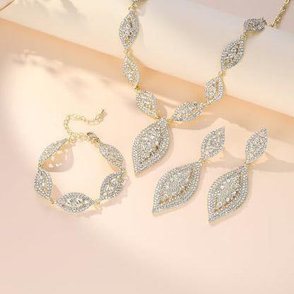 Flyonce Wedding Jewelry Set Rhinestone Crystal Bridal Leaf Necklace Drop Dangle Chandelier Earrings Sets for Women - color: Clear Gold-Tone