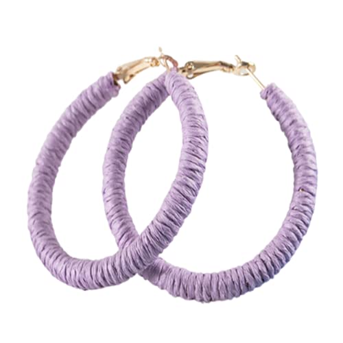 Handmade Rattan Earrings - Large Circle Braided Straw Wicker Drop Earrings - Light Weight Summer Hoops - color: C purple