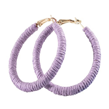 Handmade Rattan Earrings - Large Circle Braided Straw Wicker Drop Earrings - Light Weight Summer Hoops - color: C purple