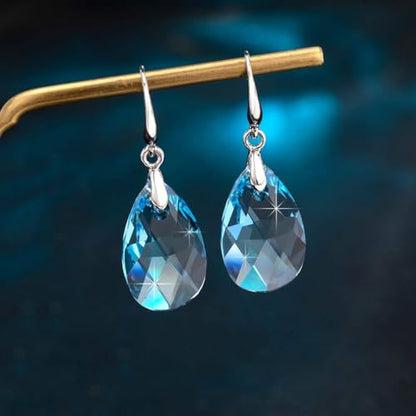 Austrian Crystal Teardrop Dangle Hook Earrings for Women 14K Gold Plated Hypoallergenic Jewelry - color: Aquamarine
