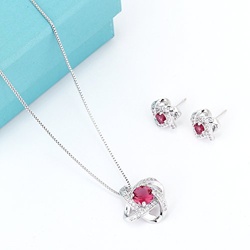 AMYJANE Bridal Jewelry Set for Women - Crystal Cubic Zirconia Love Knot Necklace Stud Earrings Elegant CZ Jewelry Set for Wedding Bride Bridesmaids Gift Set - color: Ruby(14k White Gold Plated)