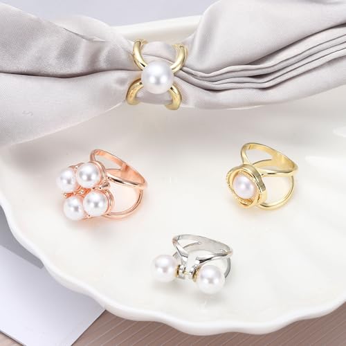 PATIKIL Scarf Rings for Women, Pearl Flower Scarf Ring Buckle and Slides for Women Metal T-shirt Ties Clip for Dress Coat - color: Gold