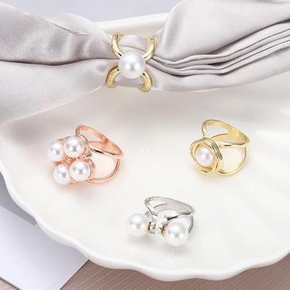 PATIKIL Scarf Rings for Women, Pearl Flower Scarf Ring Buckle and Slides for Women Metal T-shirt Ties Clip for Dress Coat - color: Gold