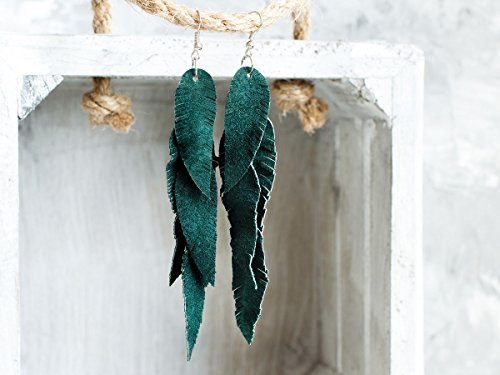 Leather Feather Earrings, Suede layered earrings, boho wedding jewelry, summer earrings, gift for her, dangle earrings - color: Dark green