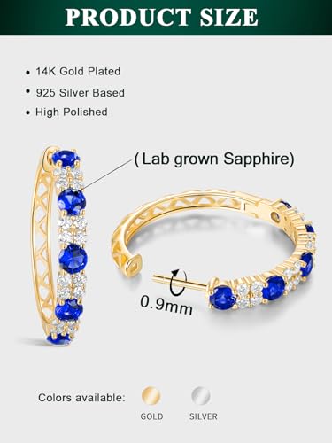 Women's Huggie Hoops with Birthstone 925 Sterling Silver Huggie Stud Hypoallergenic 14K Gold Plated Moissanite Earrings -Emerald Sapphire Ruby Hoop Earrings, Size 20 25mm - color: A -Sapphire Gold, size: 20mm (0.78 Inch)