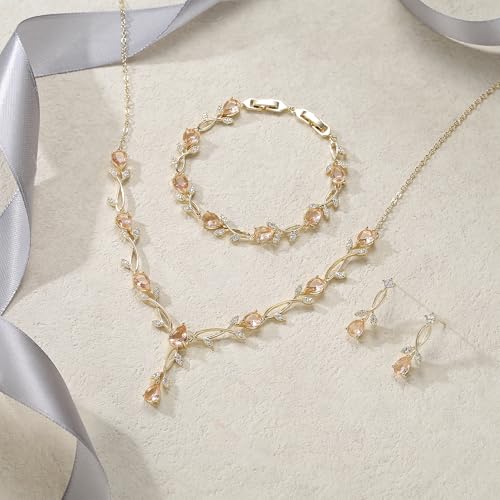 EVER FAITH Cubic Zirconia Pearl Leaf Bridal Jewelry Set for Bride Women | White Wedding Prom Necklace Dangle Earrings Bracelet, for Bridesmaid - color: CZ_Champagne Gold-Plated-Brass