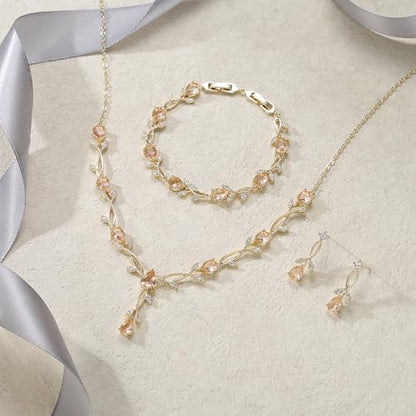 EVER FAITH Cubic Zirconia Pearl Leaf Bridal Jewelry Set for Bride Women | White Wedding Prom Necklace Dangle Earrings Bracelet, for Bridesmaid - color: CZ_Champagne Gold-Plated-Brass
