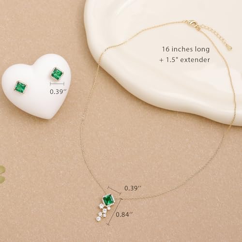 Gold Silver Stud Earrings Pendent Necklace Sets for Women, Dainty Rhinestone Crystal Necklace Earing Jewelry Set Wedding Accessories Fashion Holiday Gift - color: Simulate Emerald