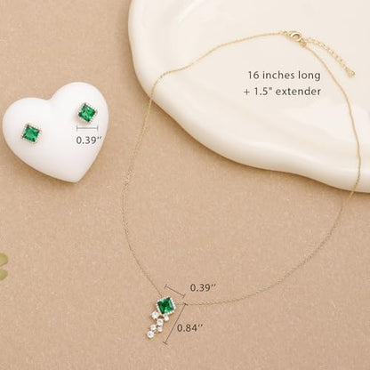 Gold Silver Stud Earrings Pendent Necklace Sets for Women, Dainty Rhinestone Crystal Necklace Earing Jewelry Set Wedding Accessories Fashion Holiday Gift - color: Simulate Emerald