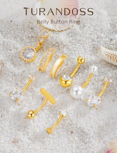 Hypoallergenic Belly Button Ring for Women | 14G, Stainless Steel, Gold Heart CZ Beaded Ball Pearl Belly Ring Stack, Curved Navel Belly Button Piercing Body Jewelry, 9PCS - color: 9PCS-14K Gold Plated