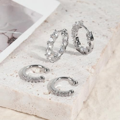 Women's Silver Earrings Fashion Jacket Stud Earrings Stacking Small Hoop Huggie Earrings Set for Multiple Piercing Everyday Ear Cartilage Earrings - color: Silver+Silver