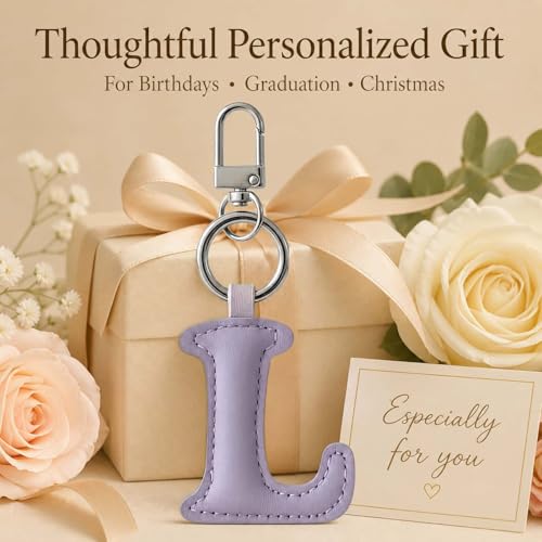 Initial Letter Keychain,Stainless Steel,Colorful Faux Leather Keyring for Backpack,Purse,Car Keys,Gift for Men Women - color: L