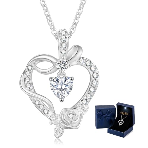 Heart Birthstone Necklace, LED Gift Box | Heart birthstone necklace with rose CZ pendant and LED gift box, ready-to-gift birthday gift for mom, wife, grandma, sister - color: White Gold 04-Apr White