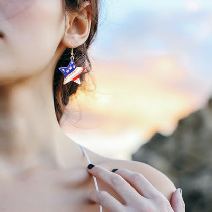 HUJUON American Flag Pendant Necklace Earring Set for Women 4th Of July Butterfly Drop Dangle Hook Earring Independence Day Usa Patriotic Choker Jewelry Gift - color: Star Gold