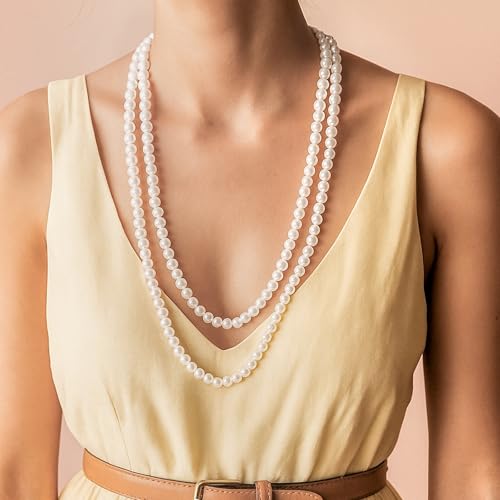 59" Long Pearl Necklace, Fashion Faux Pearls Pendants 1920s Beads Cluster Long Pearl Necklace for Costume Party Jewelry Vintage Elegant Pearls for Women Wedding Halloween