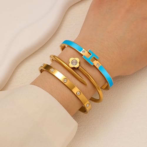 3Pcs Gold Bracelets for Women 14K Gold Plated Love/H/Nail Bangle Bracelet Dainty Non Tarnish Bracelet Jewelry Christmas Mothers Day Gifts for Women - color: 3Pcs Gold/Blue H bracelet