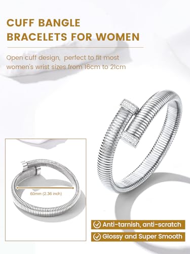 KeyStyle Bangle Bracelets For Women, Stainless Steel Stretch Bracelet Wide | 14K Gold/Rose Gold/Black/Silver Plated Flexible Wide Twisted Link Chain Wristband Jewelry, 10Mm, 16Mm, 20Mm - color: 10mm - CZ - Steel