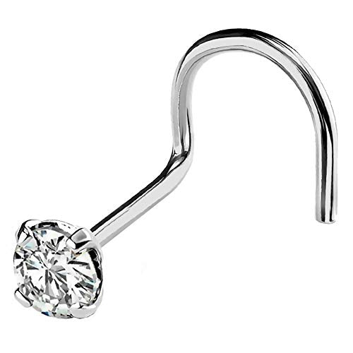 Jewelry Avalanche Solid 14Kt Gold Nose Screw, 24G Nose Hook, Nose Stud, 14kt Yellow Gold or 14kt White Gold Nose Ring Prong Set CZ Accent - style: 14kt white gold w/ 3mm cz