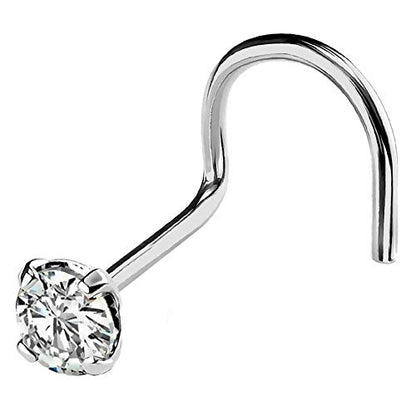 Jewelry Avalanche Solid 14Kt Gold Nose Screw, 24G Nose Hook, Nose Stud, 14kt Yellow Gold or 14kt White Gold Nose Ring Prong Set CZ Accent - style: 14kt white gold w/ 3mm cz