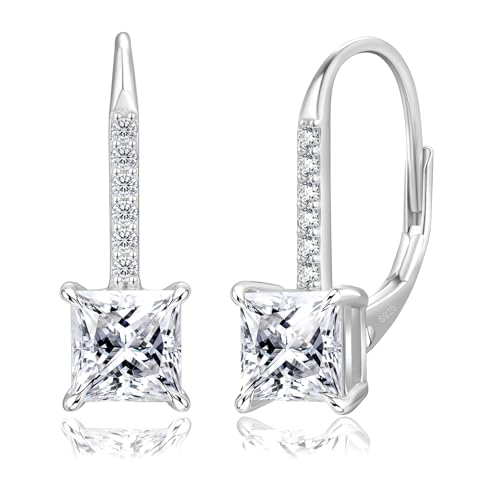 KRKC Moissanite Earrings, 1.0ct-2.0ct D Color Lab Created Diamond Earring, 14k White Gold Plated Sterling Silver Dangle Earrings S925 Leverback Drop Earring for Women Hypoallergenic Jewelry for Gifts - color: Princess-Silver-5.5mm