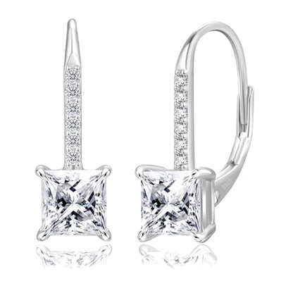 KRKC Moissanite Earrings, 1.0ct-2.0ct D Color Lab Created Diamond Earring, 14k White Gold Plated Sterling Silver Dangle Earrings S925 Leverback Drop Earring for Women Hypoallergenic Jewelry for Gifts - color: Princess-Silver-4.5mm