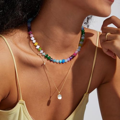 KissYan Beaded Gemstone Necklaces for Women | Colorful Bead Natural Stone Choker with 14K Gold Plated Spring Ring Clasp, Handmade Knot Jewelry for Summer Beach - color: W-Candy