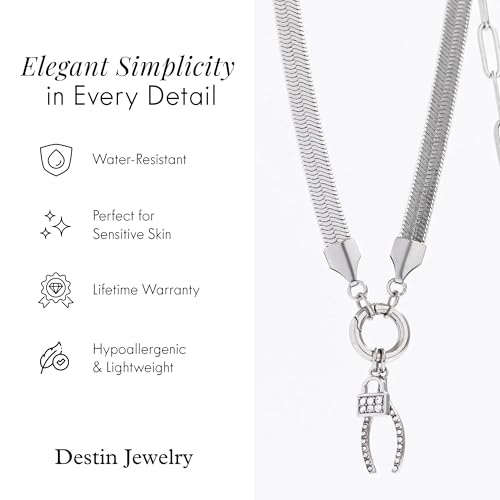 Destin Jewelry 18K Gold Plated Herringbone Necklace for Women and Men, Waterproof Flat Snake Chain, Stainless Steel Non Tarnish Layering Necklace - color: Silver, size: 16" + 2"