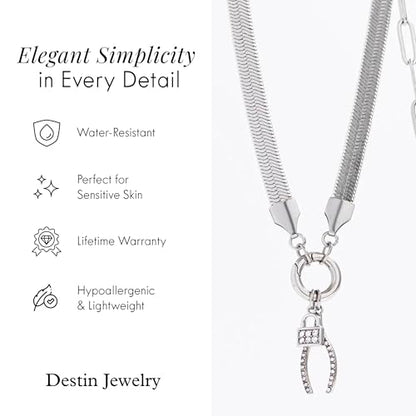 Destin Jewelry 18K Gold Plated Herringbone Necklace for Women and Men, Waterproof Flat Snake Chain, Stainless Steel Non Tarnish Layering Necklace - color: Silver, size: 20" + 2"