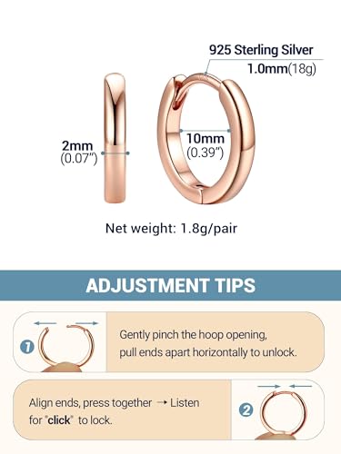 PROSTEEL Huggie Hoop Earrings For Women with 925 Sterling Silver Post | 8/10/12/14/16/18/20mm,14K Gold Plated/Black/Rose Gold/Silver Brass Lightweight Cubic Zirconia Cartilage Piercing Earring - color: 1. Rose Gold, size: 10mm
