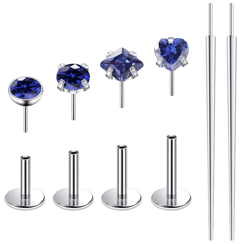 Ruifan Titanium Flat Back Lip Rings Threadless Push in Earrings Studs Nose Rings 20G 18G 16G Round Heart Square CZ Tragus Cartilage Lobe Rook Helix Conch Labret Medusa Piercing Jewelry for Women Men - color: Blue CZ, size: 20G-6/8/10mm