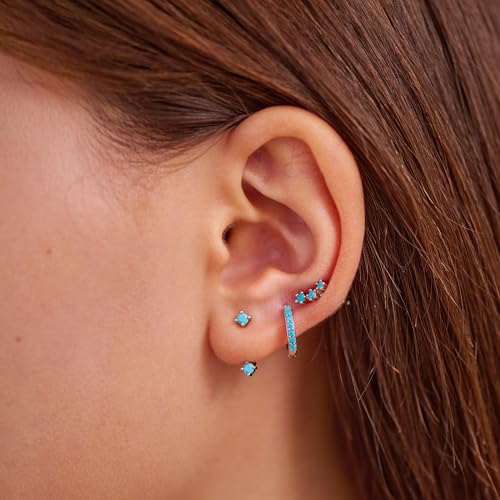 3 Pairs Mini Hoop Earrings Set Turquoise Cubic Zirconia Huggie Hoop Cartilage Earring Ear Cuff for Women (Turquoise/CZ) - color: *Turquoise-A