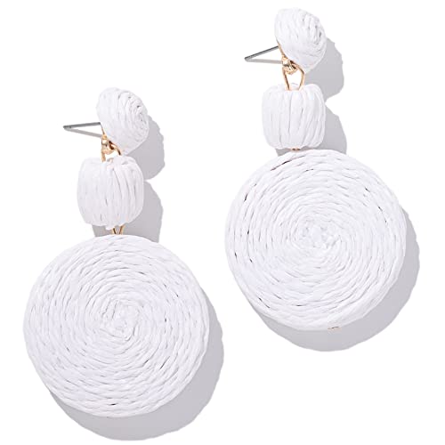 Statement Raffia Boho Round Dangle Ball Earrings - Cute Handmade Summer Bohemian Dangling Jewelry for Women - color: White