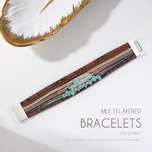 Bracelets for Women, Gifts for Mom Her Christmas Gift 2026 Leather Bracelets for Women Birthday Gift for Daughter Inspirational Wrap Bracelet Sister Friend Teen Girl Gift Layered Stocking Stuffers Jewelry - style: Brown-Turquoise