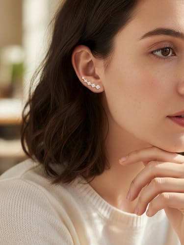 Moissanite 20mm Butterlfy/Flower/Leaf/Bezel Crawler Stud Earrings for Women, 925 Sterling Silver with Gold Plated, Hypoallergenic Cartilage Earrings, Valentines Birthday Anniversary Wedding Gift - color: Round - Yellow Gold