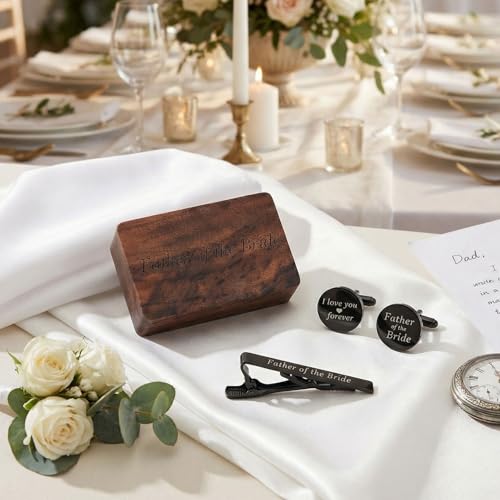 Colingmill Father of the Bride Gift Dad of the Bridegroom Cufflinks Tie Clip Set with Engraved Wood Gift Box for Dad - style: Father of the Bride,Forever,Black