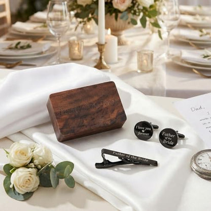 Colingmill Father of the Bride Gift Dad of the Bridegroom Cufflinks Tie Clip Set with Engraved Wood Gift Box for Dad - style: Father of the Bride,Forever,Black