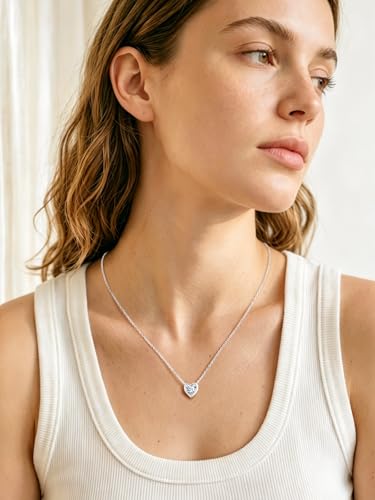 Silvora Heart/Round Birthstone Necklace for Women, Sparkling Crystal Pendant, Dainty Birth Month Jewelry, Adjustable 16"+2" Chain - color: Silver, style: April Heart