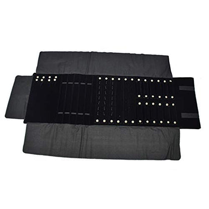 Black Velvet Roll-up Travel Bag Jewelry Pouches Organizer Carrying Display Case
