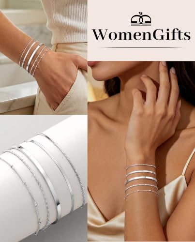 Dainty Gold Bracelet for Women Trendy Non Tarnish, Thin Bracelets Stackable Set with Bangle Cuff, Box, Herringbone, Paperclip, Figaro, Sparkling Link Chains Waterproof, Simple Jewelry Gifts for Women - color: style 01-silver