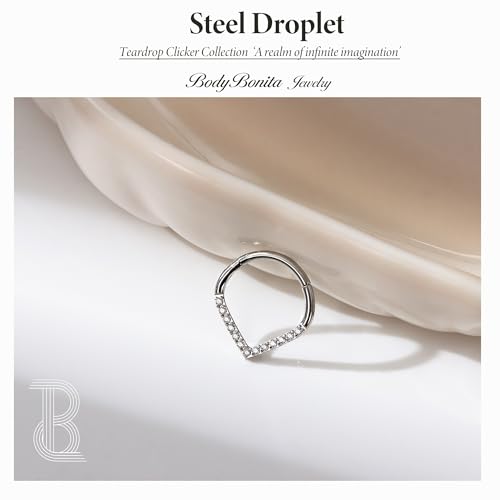 316L Stainless Steel 16G Teardrop 5A CZ Septum Nose Rings Daith Piercing | Hinged Seamless Septum Nose Ring CZ Helix Tragus Daith Piercing Jewelry for Women Silver, Black, 14K Gold Plated 8mm/10mm - color: Silver, Clear CZ(5A), size: 16g(1.2mm)-8mm