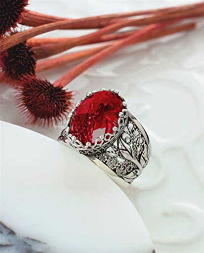 Filigranist 925 Sterling Silver Filigree Art Lace Embroidery Tulip Detailed Gemstone Women Cocktail Ring, Luxurious Gift Boxed - color: Hydro Ruby