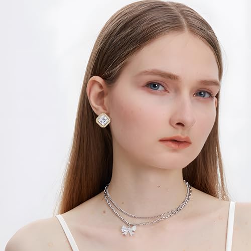 Clip On Earrings for Women Halo Clip-on Non-pierced Earrings Gold Plated Small CZ Studs Dainty Jewelry - color: Square