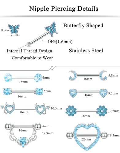 9 Pairs Nipple Rings Stainless Steel Heart Butterfly Moon Flower CZ Barbell Tongue Rings Set Cute Nipplerings Piercing Jewelry for Women Pink Silver Tone - color: C: Blue Tone