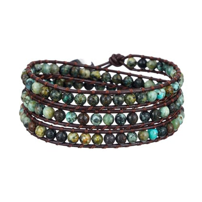 Plumiss Women Boho Handmade Natural Stone Crystal Leather Bead Wrap Bracelets Collection - style: 4mm African Turquoise 3W