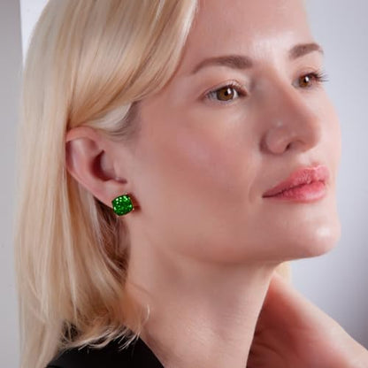 Large Square Stud Earrings for Women - Big Sparkly Rhinestone Studs | Plated in Gold Tone or Silver Tone, Hypoallergenic and Safe for Sensitive Ears - color: Green Glitter