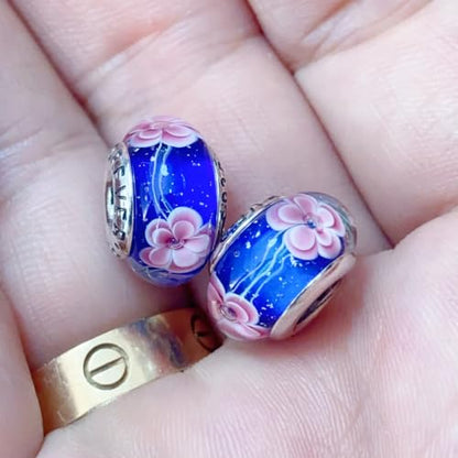 2pcs Authentic 925 Silver Murano Glass Flower Charms for Pandora Bracelets - color: 02-Pink flowers