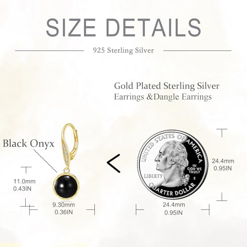925 Sterling Silver 8mm Pearl Dangle Drop Earrings Moonstone Larimar Opal Rose Quartz Black Pearl Leverback Earrings for Women Christmas Gifts for Her - style: Black Onyx Earrings Golden